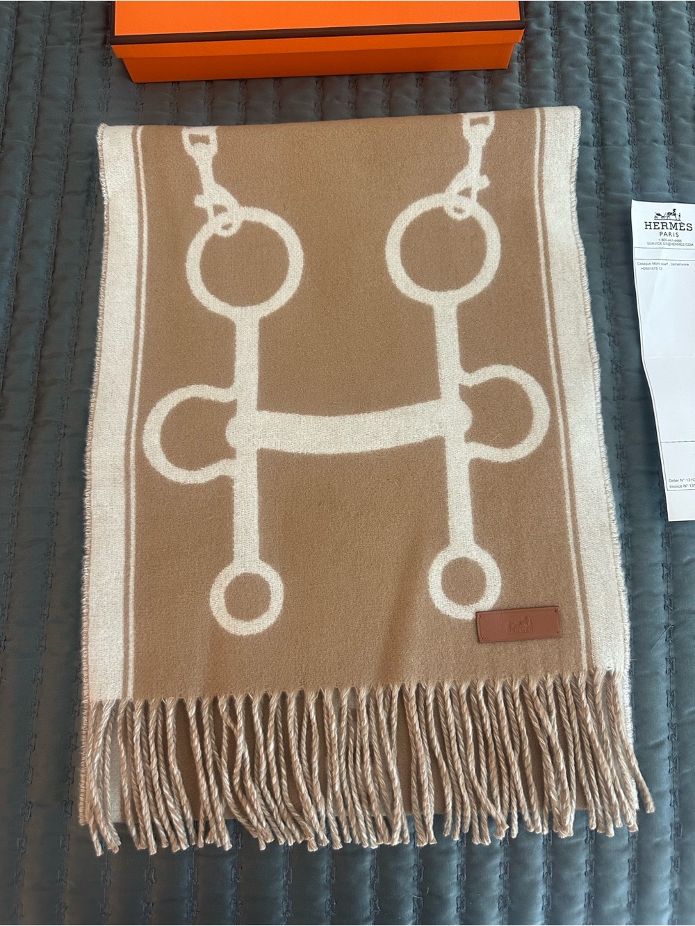 Brand New Hermes Beige and Cream Equestrian Logo Wool Scarf